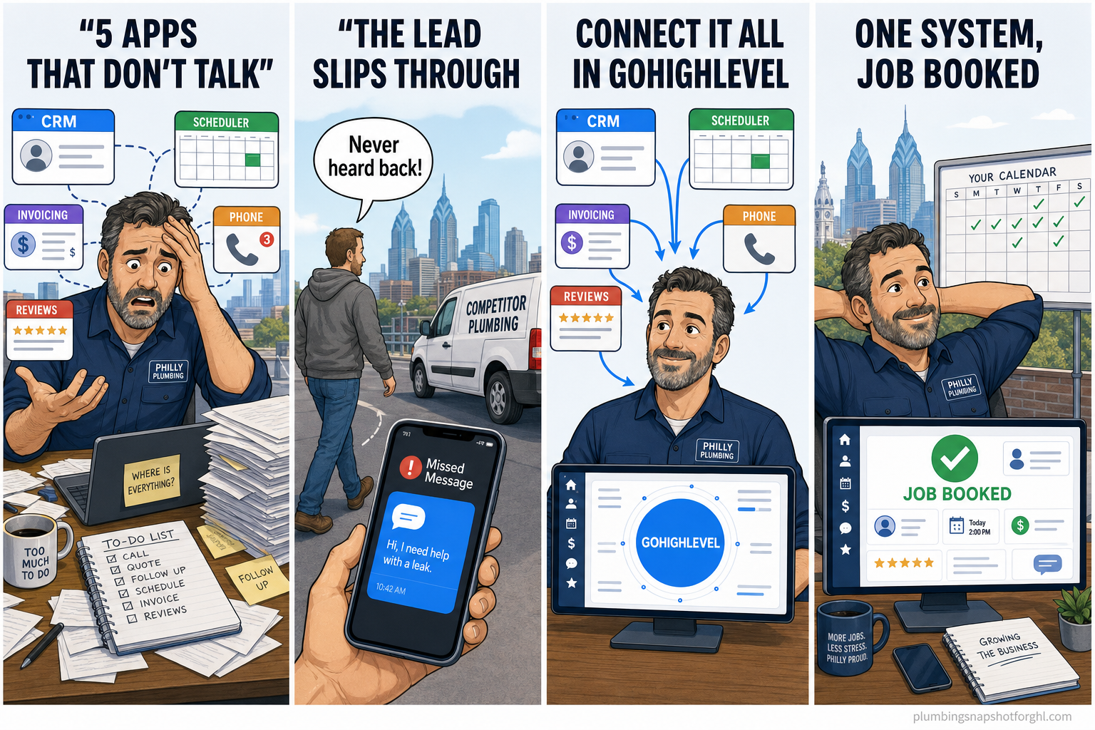 Four-panel before-and-after story for a Philadelphia plumbing shop: a homeowner's request gets lost when the CRM, scheduler, and invoicing tools don't talk, then a single connected GoHighLevel system captures the lead, books it, and fires the review request automatically