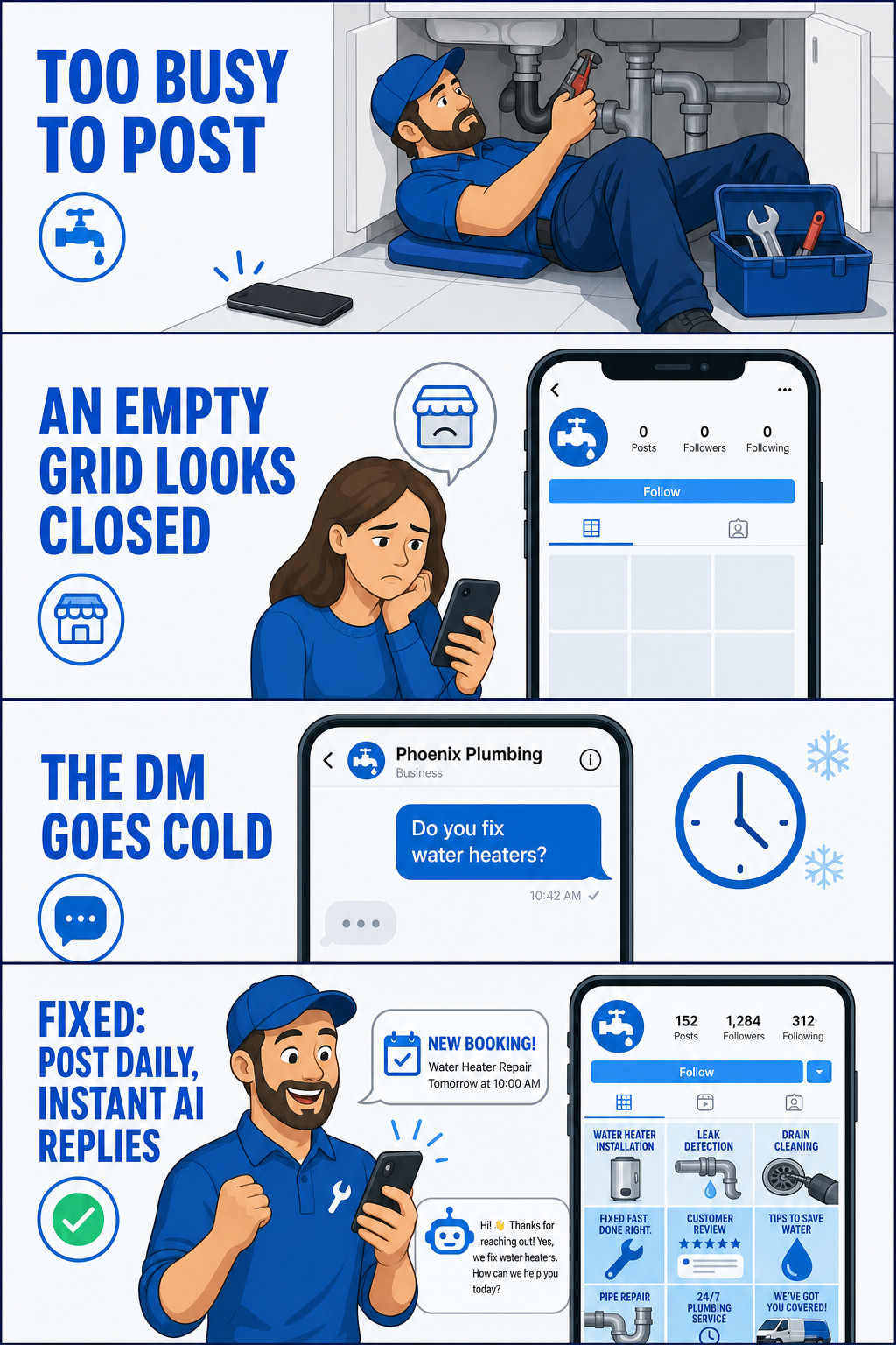 Four-panel comic reel of a Phoenix plumber's social media journey: panel 1 'Too busy to post', panel 2 a stale empty grid a homeowner scrolls past, panel 3 an unanswered DM asking about a water heater, panel 4 the same plumber winning the job after switching to consistent posts and instant AI replies