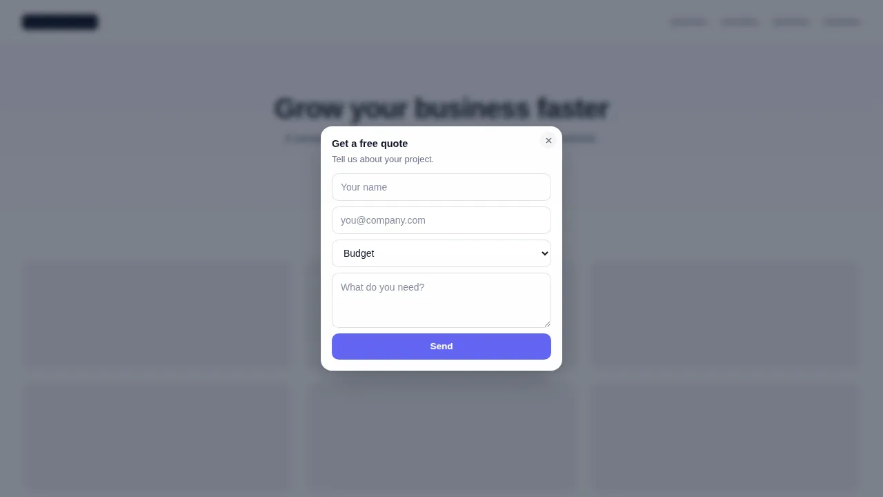 Quote form notification widget on a sample website