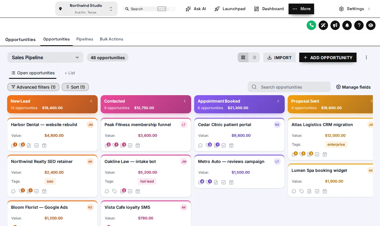GoHighLevel opportunities board with Gradient Headers stage columns