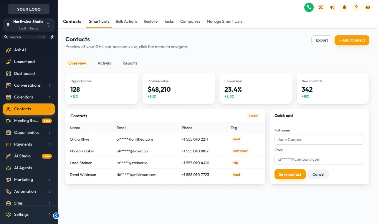 GoHighLevel contacts page in the Cinematic City theme