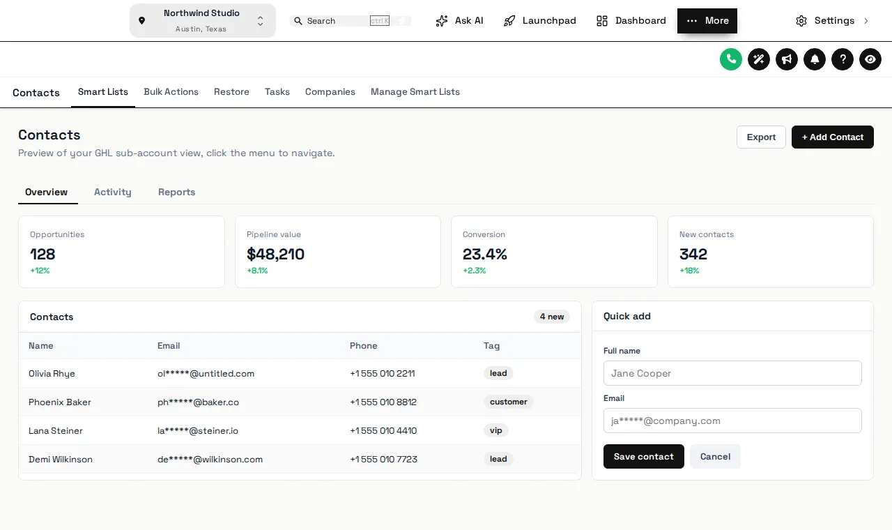GoHighLevel contacts page in the Mono Studio theme with the Bordered Flat UI kit